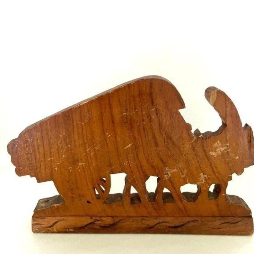 Vtg Artisan‎ Handcrafted Bullock Cart Oxen Rider Carving Wood Figurine Folk Art